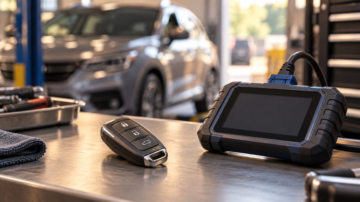 Illustration of an unbranded car key fob and diagnostic device on a locksmith workbench