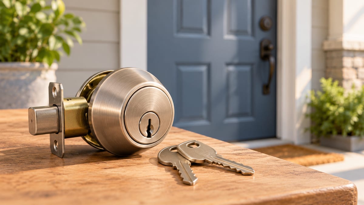 Illustration of a residential lock cylinder and house keys prepared for rekeying
