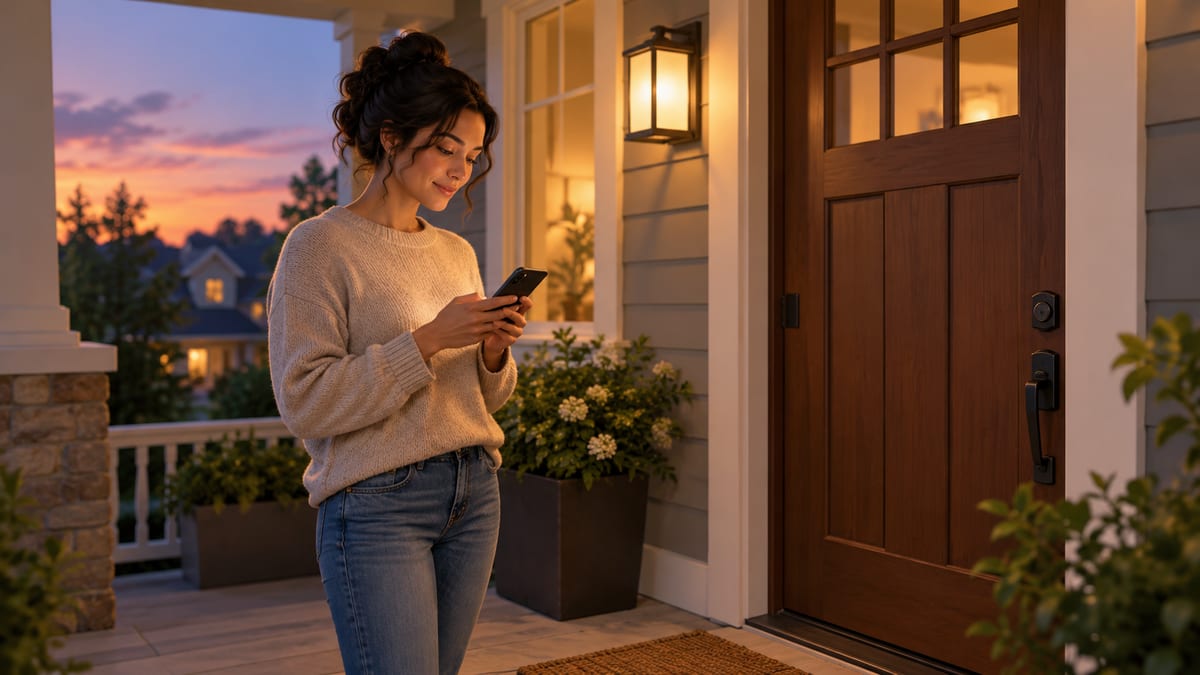 Illustration of a person calling for locksmith help from a well-lit porch after a home lockout