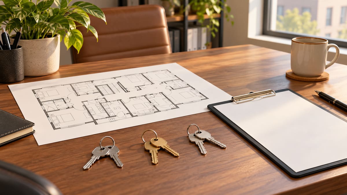 Illustration of organized building keys and a floor plan for property access planning
