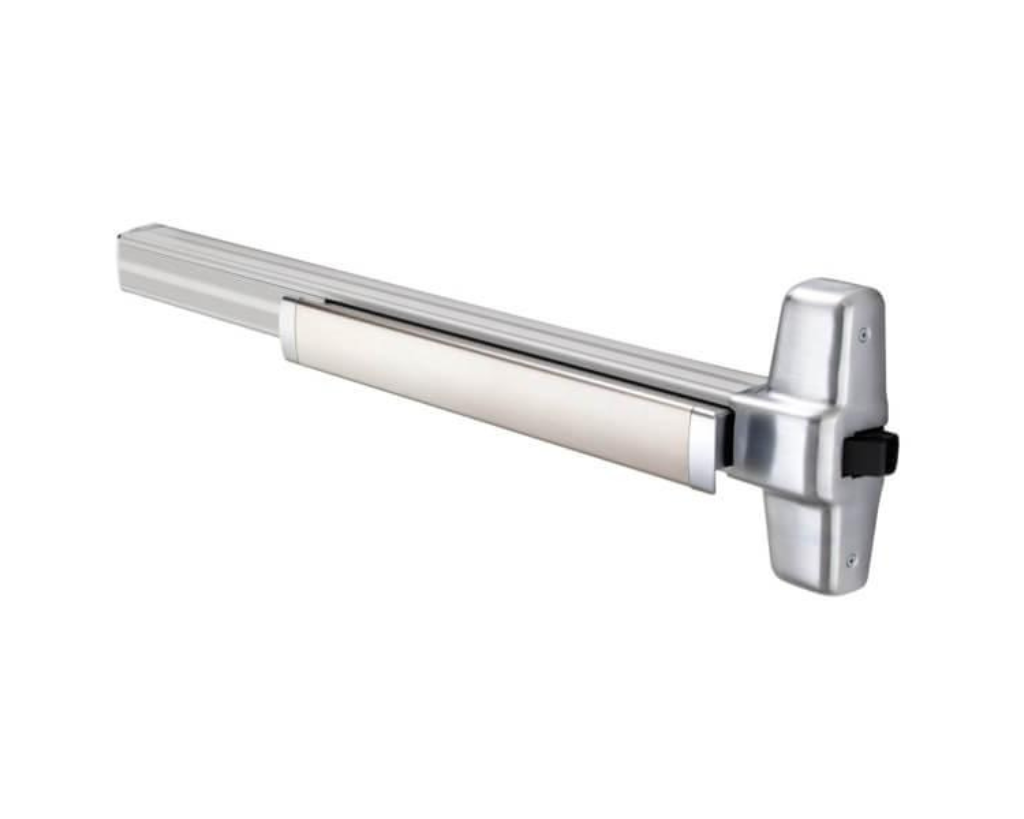 A silver push bar door handle, also known as a panic bar, mounted on a white background.