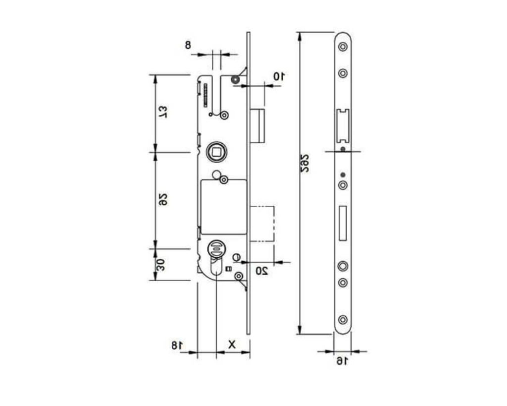 Technical diagram of a mortise lock with front and side views, showing detailed measurements and dimensions in millimeters.