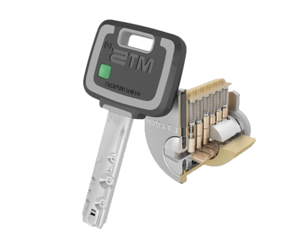 A cross-section of a lock shows the internal mechanism interacting with a uniquely designed key inserted into the cylinder.