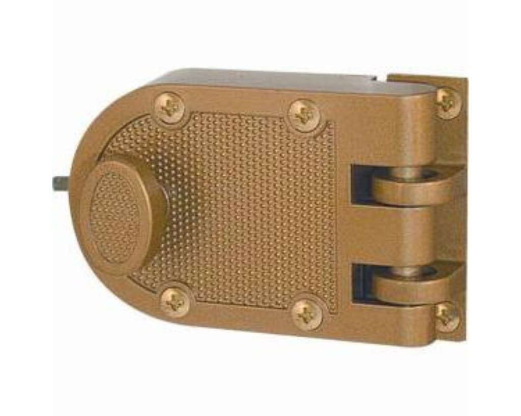 Close-up of a brass-colored surface-mounted deadbolt lock with six visible screws and textured detail.