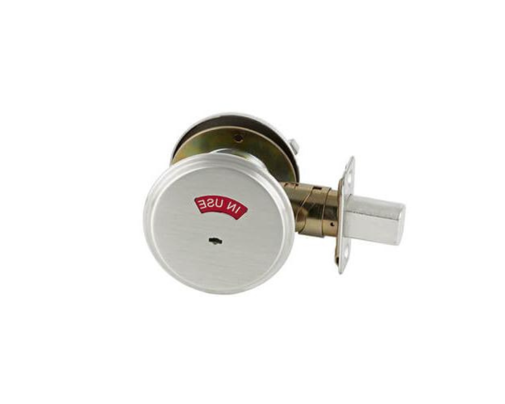 A silver door lock with a round faceplate displaying a red "IN USE" indicator above the keyhole.