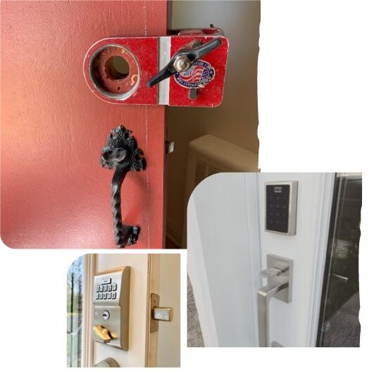 Three different door locks: a red door with a padlock and missing cylinder, a keypad deadbolt lock, and a digital smart lock on a glass door.