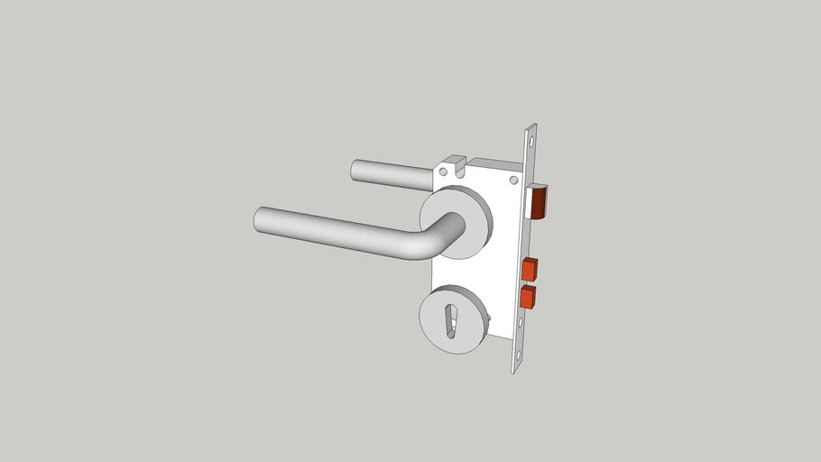 A 3D rendering of a metal door handle with a rectangular lock mechanism and keyhole, shown against a plain gray background.