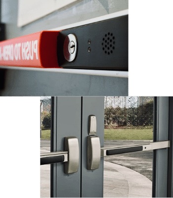 Two images show close-ups of push bar door locking mechanisms on glass doors, designed for emergency exit and security.