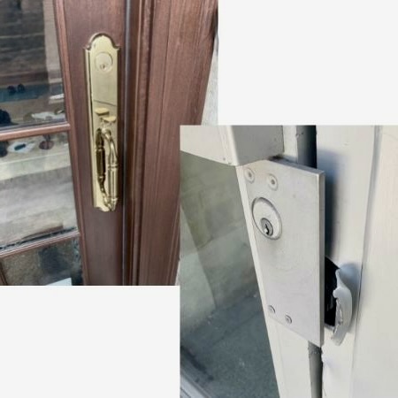 Close-up of two different door locks: one is a brass handle lock on a wooden-framed glass door, and the other is a metal deadbolt lock on a light-colored door.