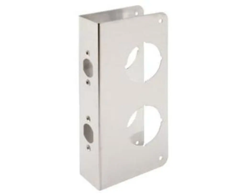 Metal door lock mounting box with two circular cutouts.
