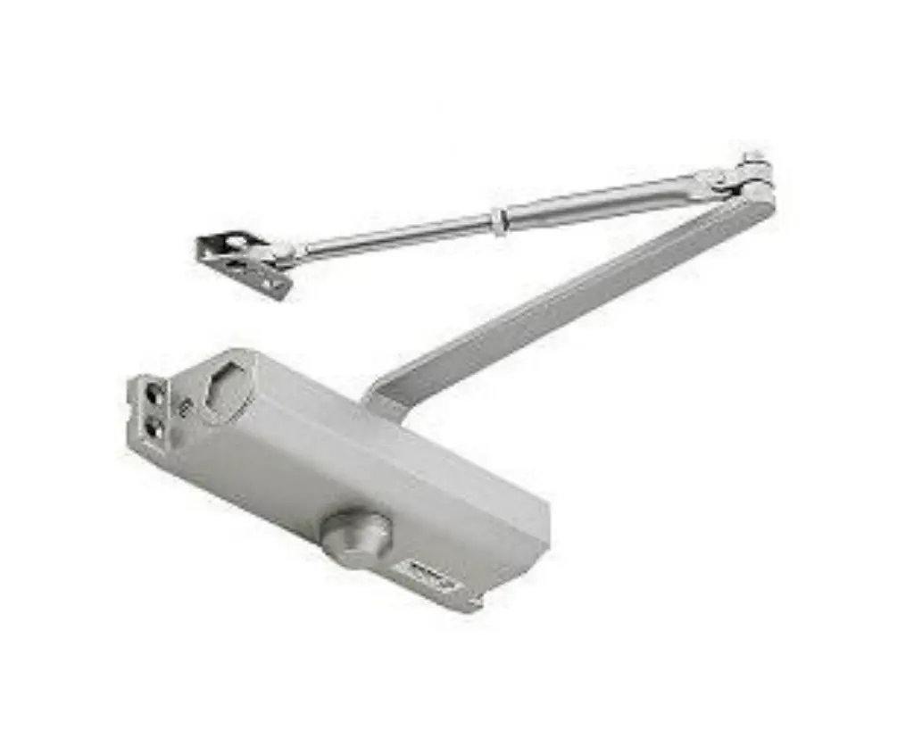 A silver overhead door closer with an adjustable arm, part of premium locksmith supplies, mounted on a white background.