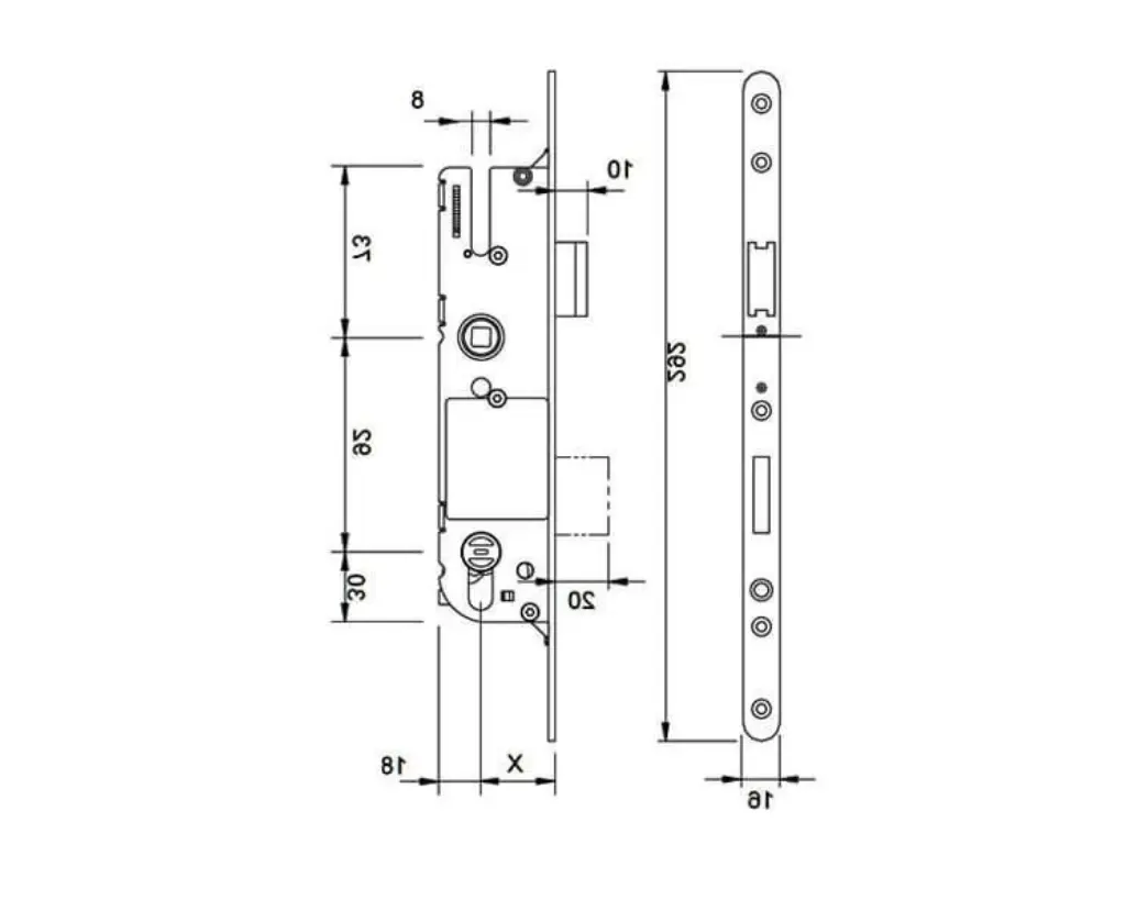 Technical drawing of a door lock mechanism with detailed dimensions labeled in millimeters, showing both front and side views—ideal for designing Locksmith Products or selecting precise Security Equipment.