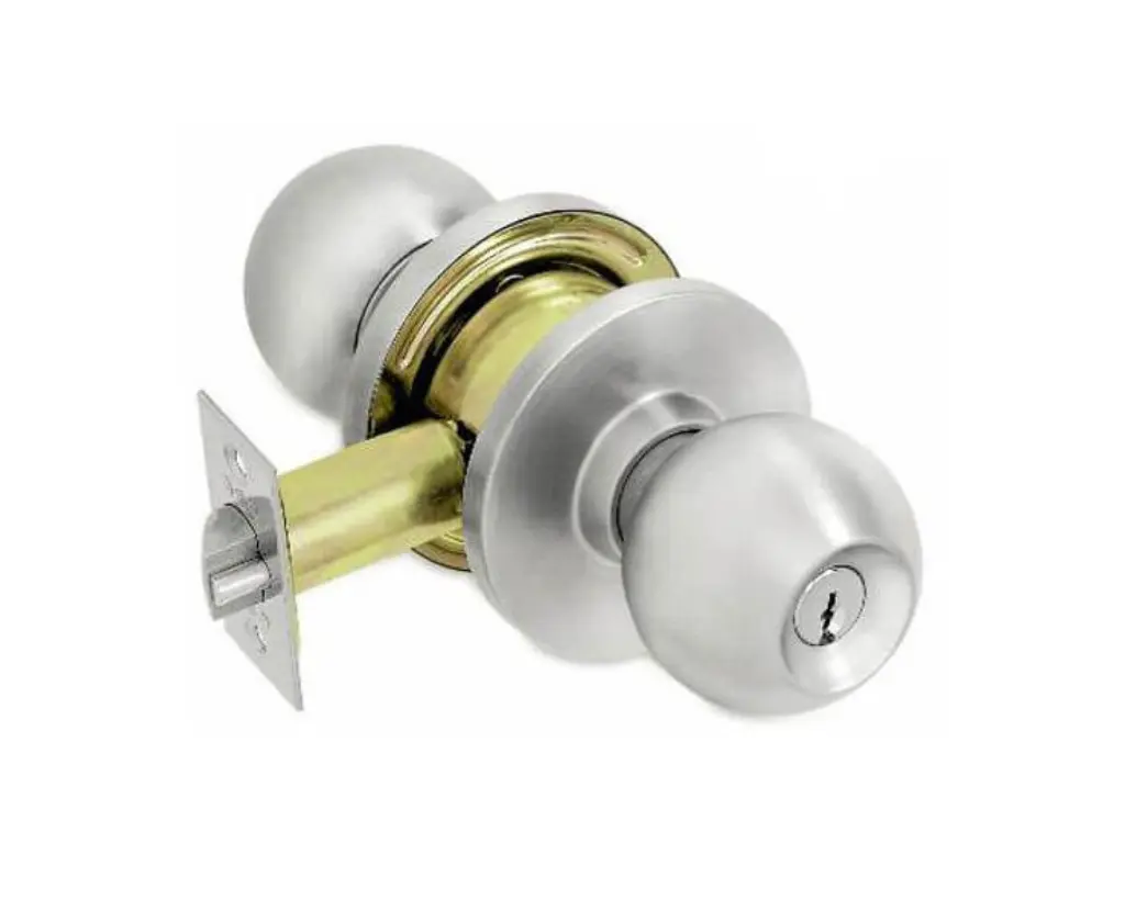 A silver cylindrical door knob set with a keyhole and latch, shown against a white background—an ideal choice for those seeking dependable security products.
